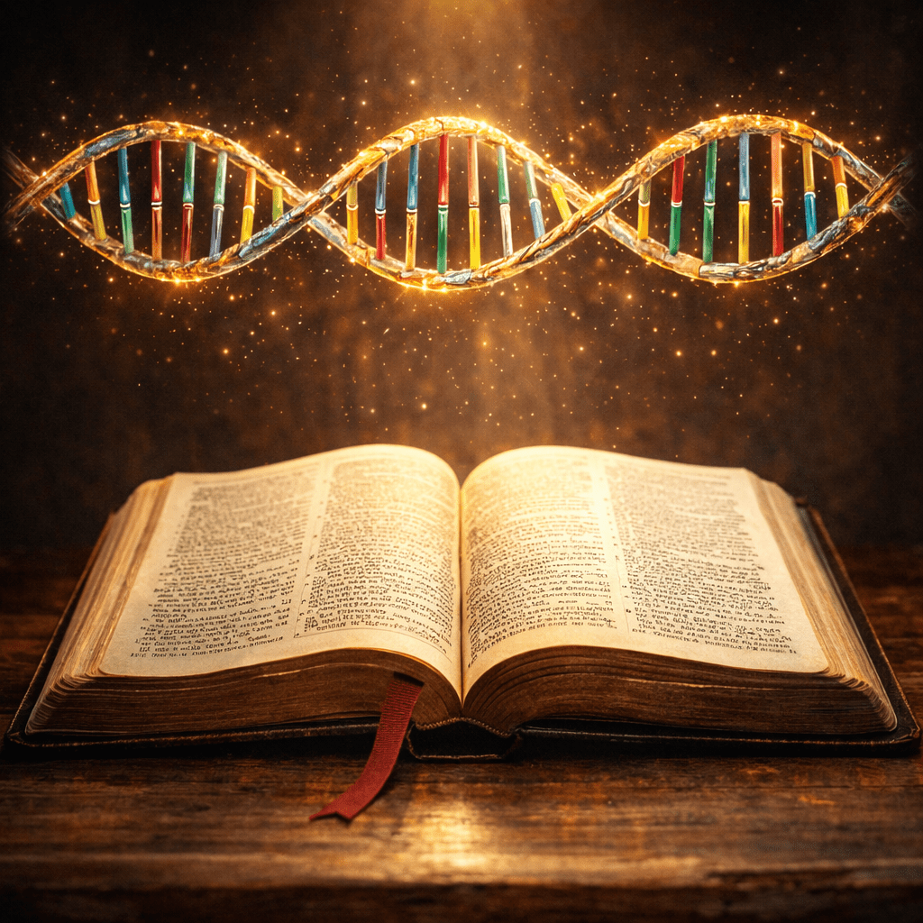 DNA double helix glowing above an open ancient book with text and a red ribbon