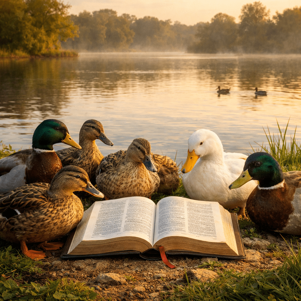Six ducks sitting around an open book on the grass near a lake at sunset.