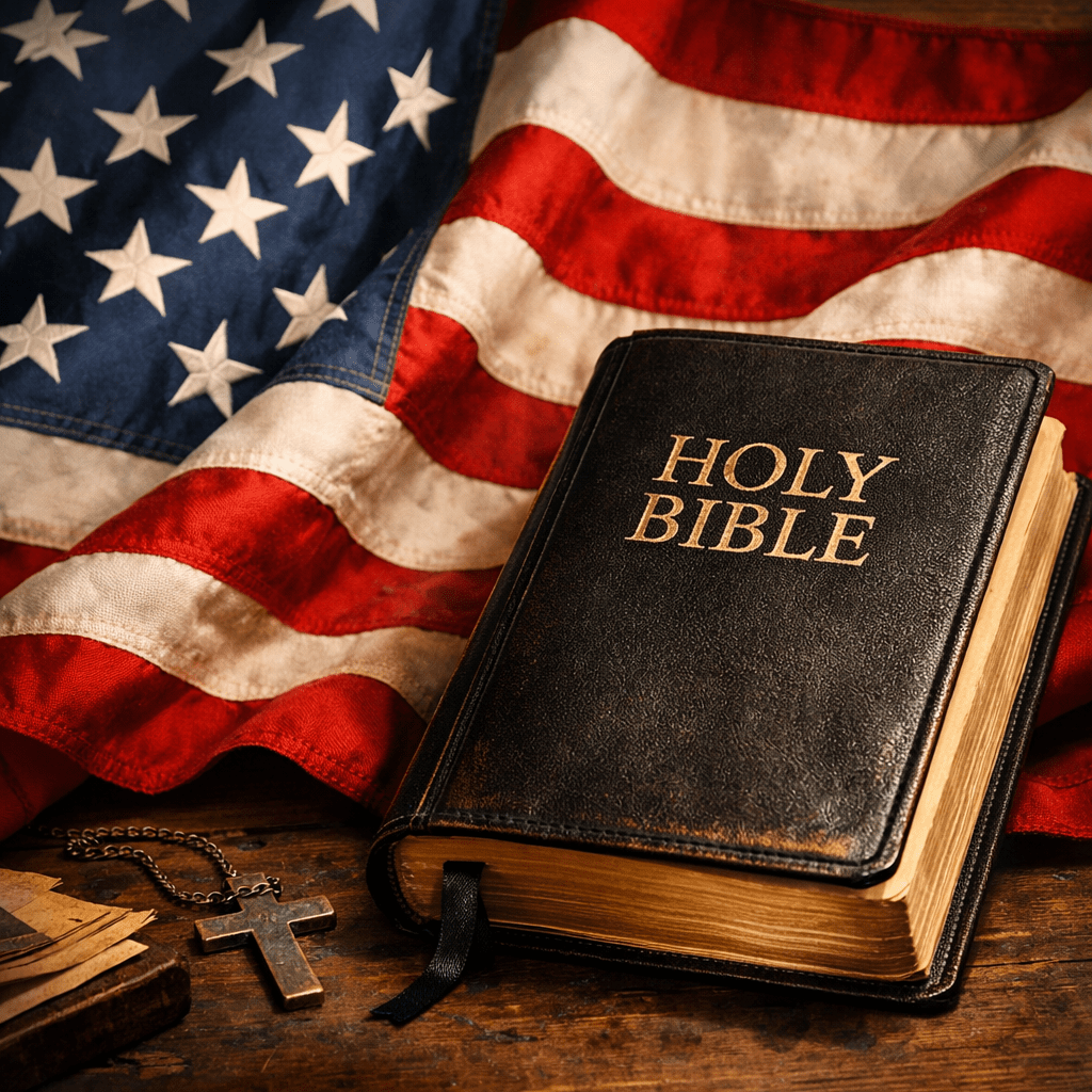Worn Holy Bible on American flag with cross necklace