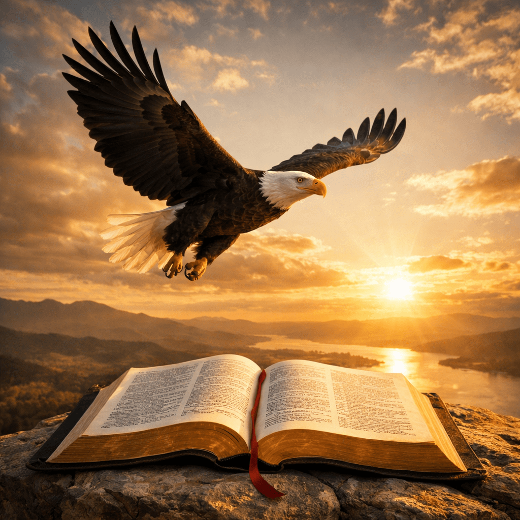 Bald eagle flying above an open Bible with sunrise in the background