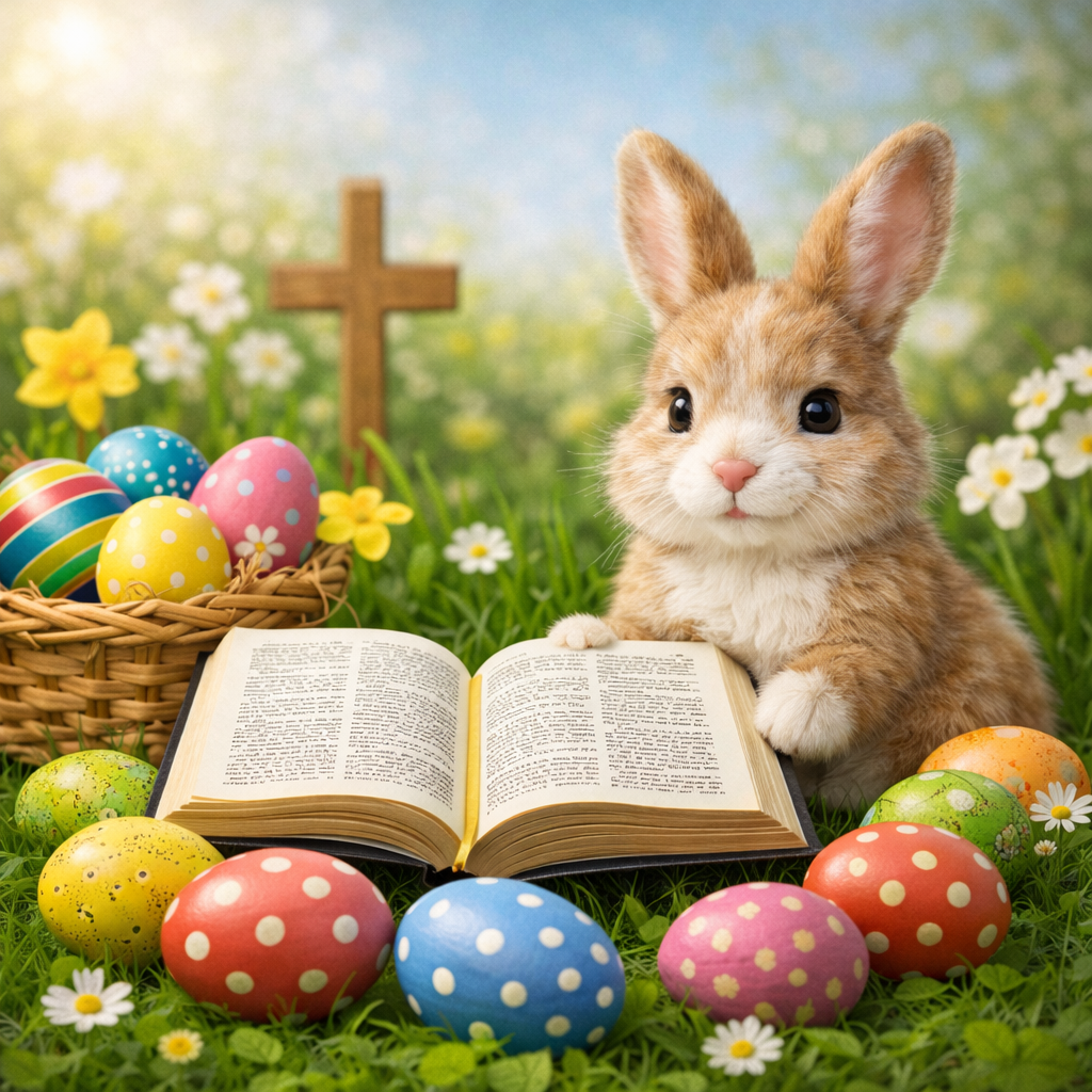 Rabbit holding a Holy Bible surrounded by Easter eggs and flowers