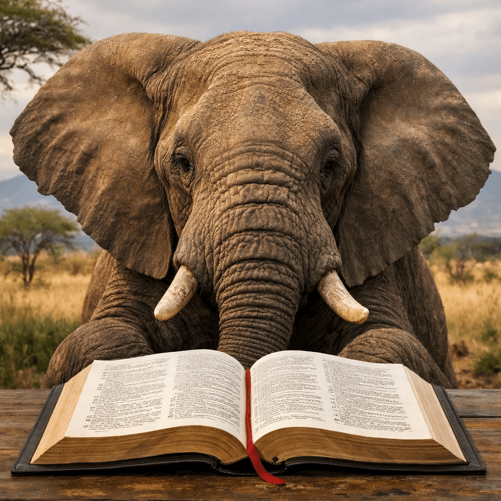 Elephant facing forward with large open book on wooden table
