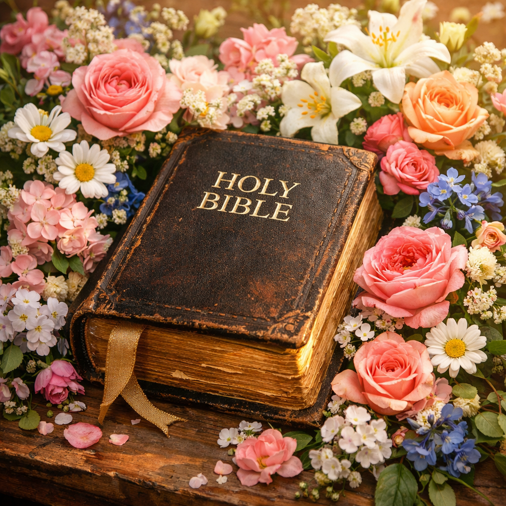 Worn Holy Bible with gold lettering surrounded by pink roses, white lilies, daisies, and blue flowers