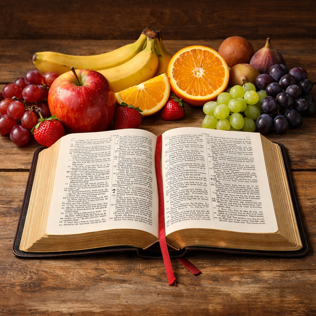 Open Bible with red ribbon bookmark surrounded by bananas, grapes, apple, strawberries, and orange slices