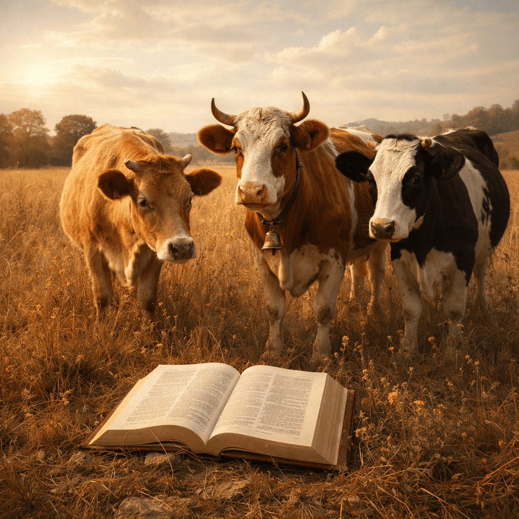 Three cows standing near an open book in a grassy field during sunset