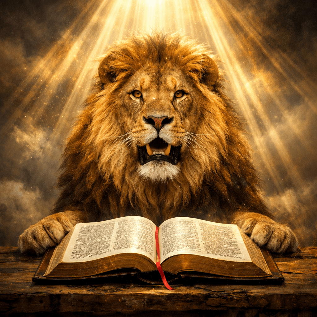 Lion with open book on wooden table illuminated by rays of light
