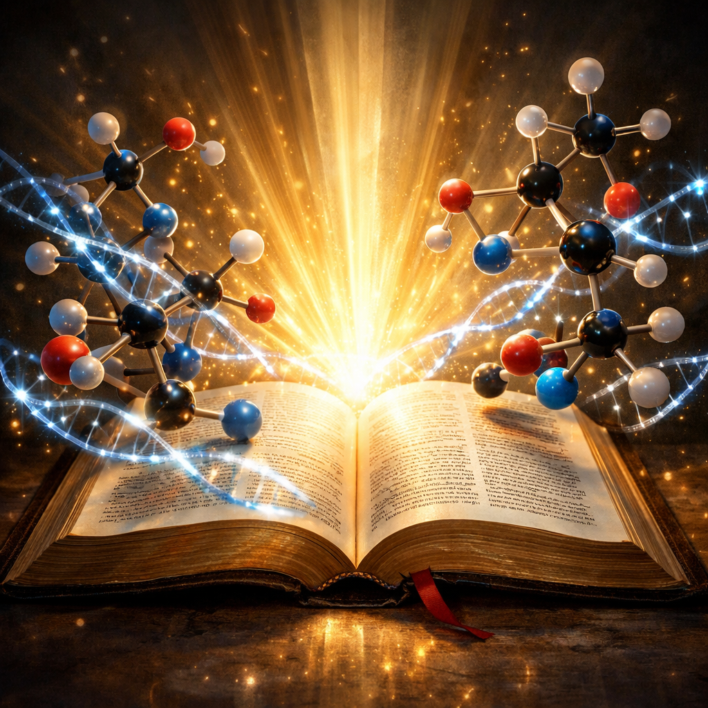 Open book with glowing molecular models and DNA helix rising from pages