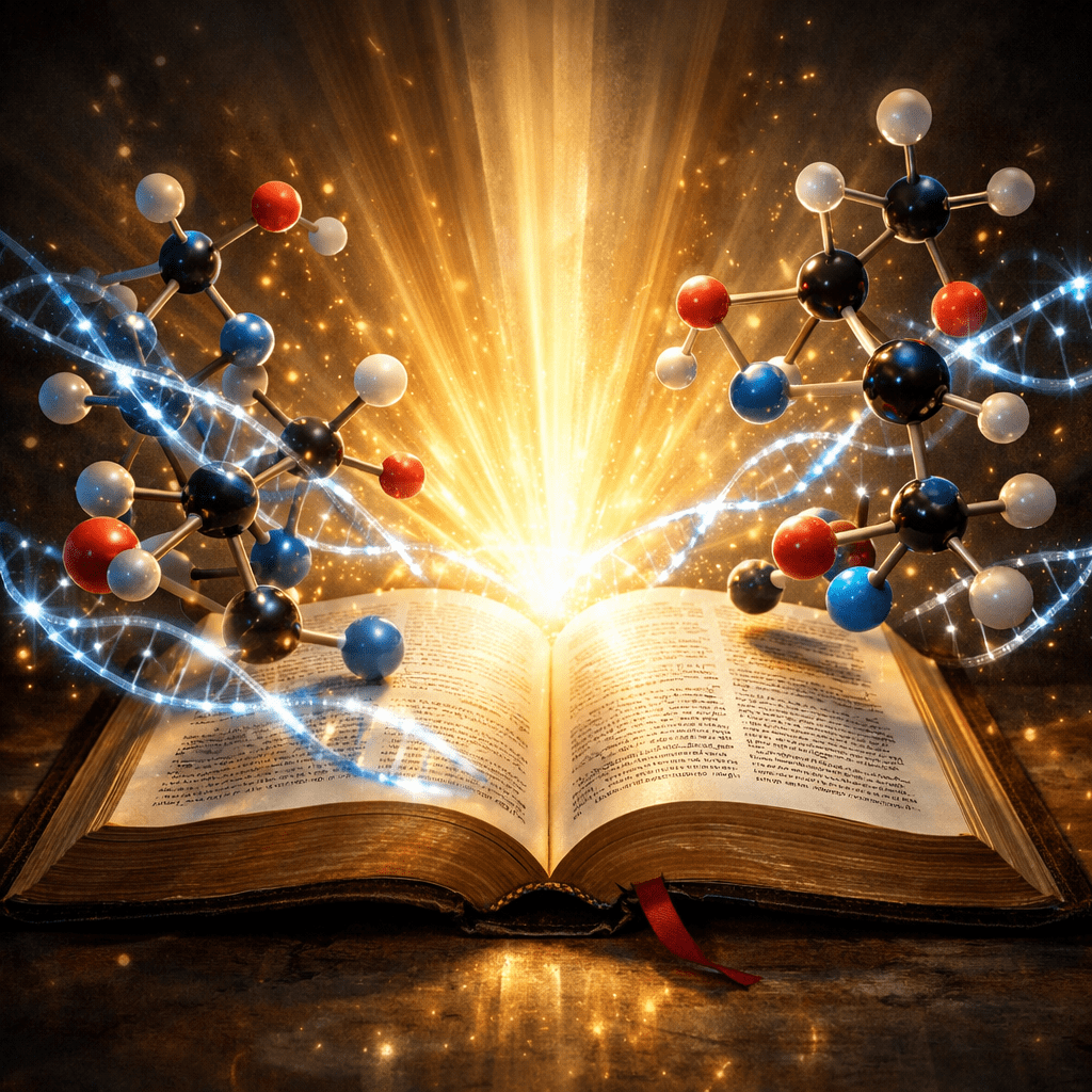 Open book with glowing molecular models and DNA helix rising from pages