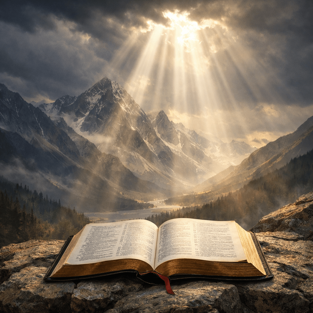 Open Bible on rocky surface with sun rays shining through clouds over mountains