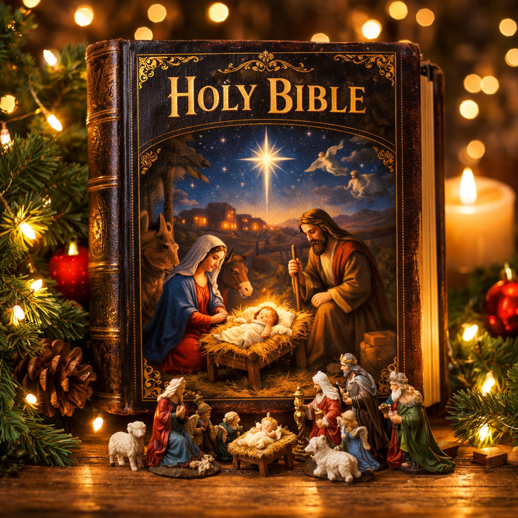 Nativity figurines in front of a Holy Bible cover depicting the birth of Jesus