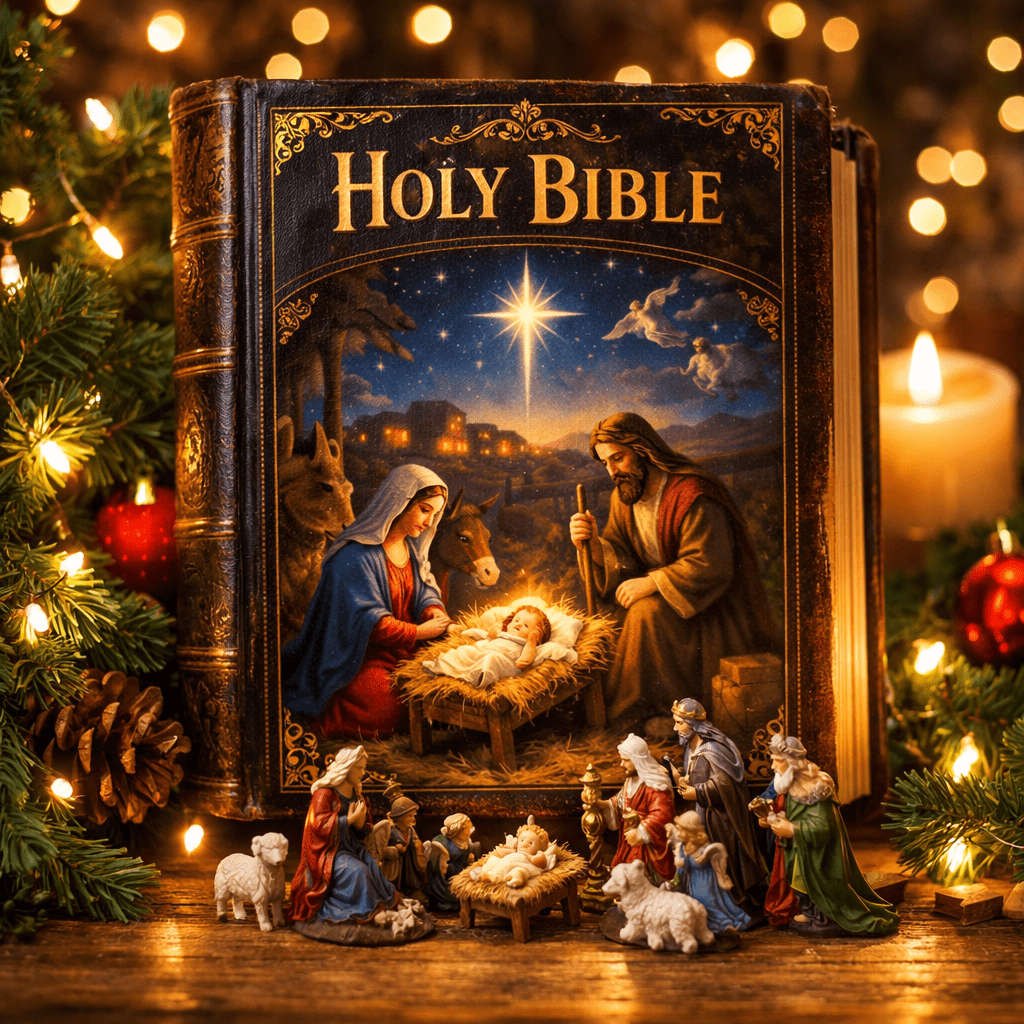 Nativity figurines in front of a Holy Bible cover depicting the birth of Jesus