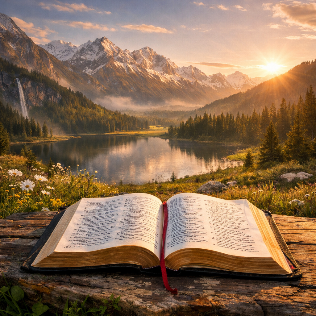 Open Bible on wooden log with mountain lake and sunrise in background