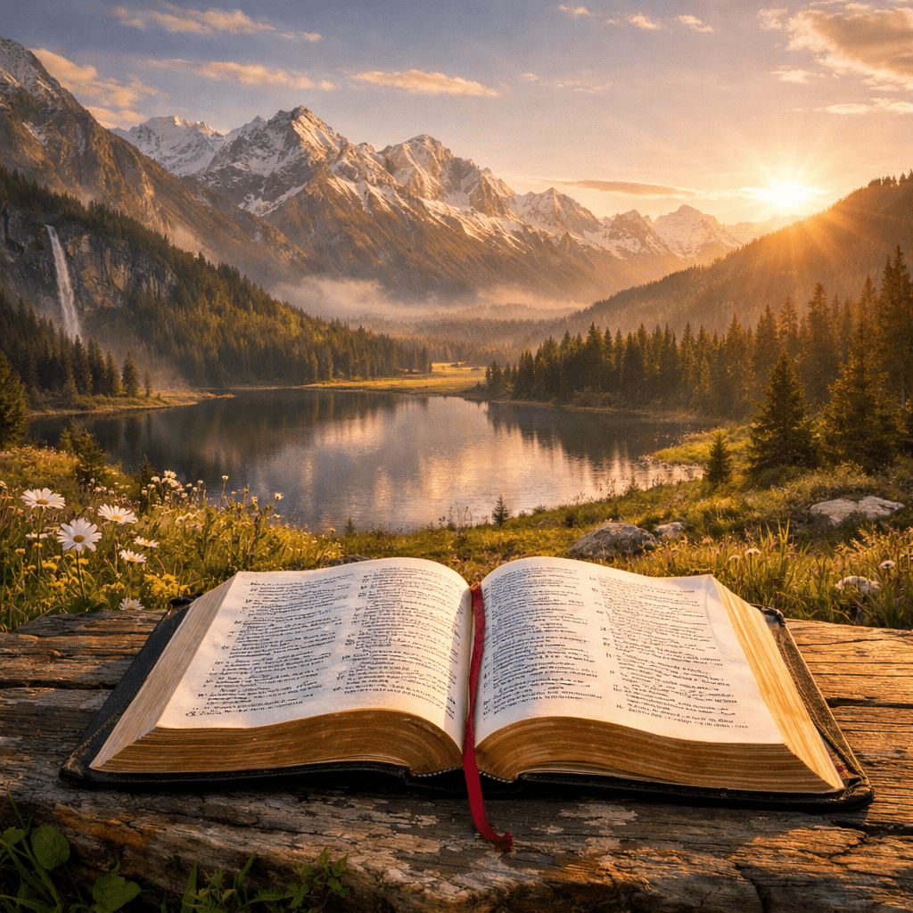 Open Bible on wooden log with mountain lake and sunrise in background