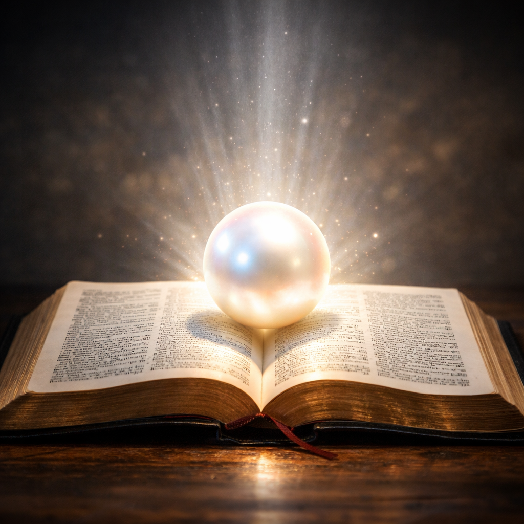 Glowing pearl emitting light placed on an open old book with text