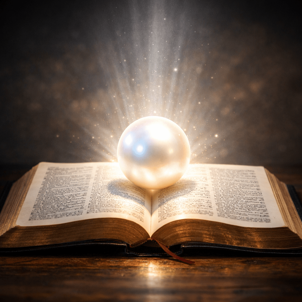 Glowing pearl emitting light placed on an open old book with text