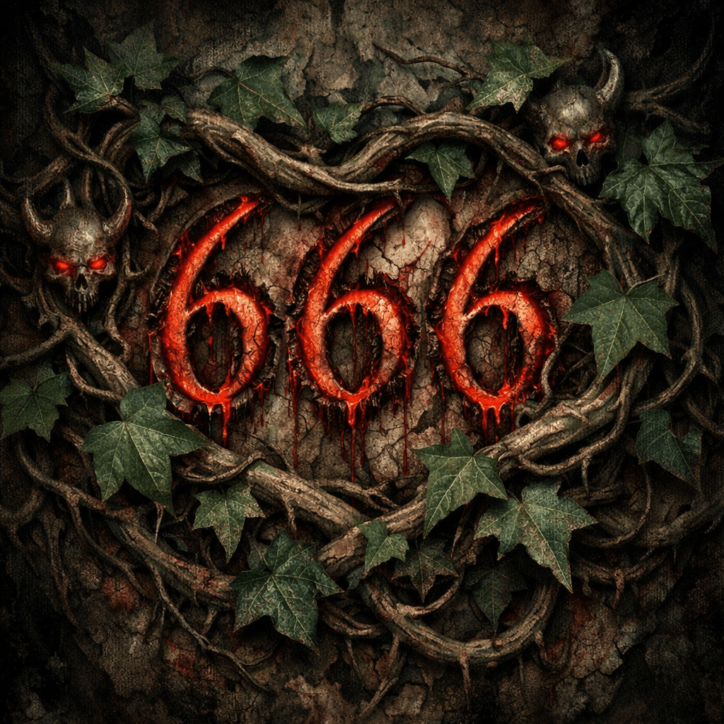 The number 666 glowing red surrounded by twisted vines and leaves with skulls