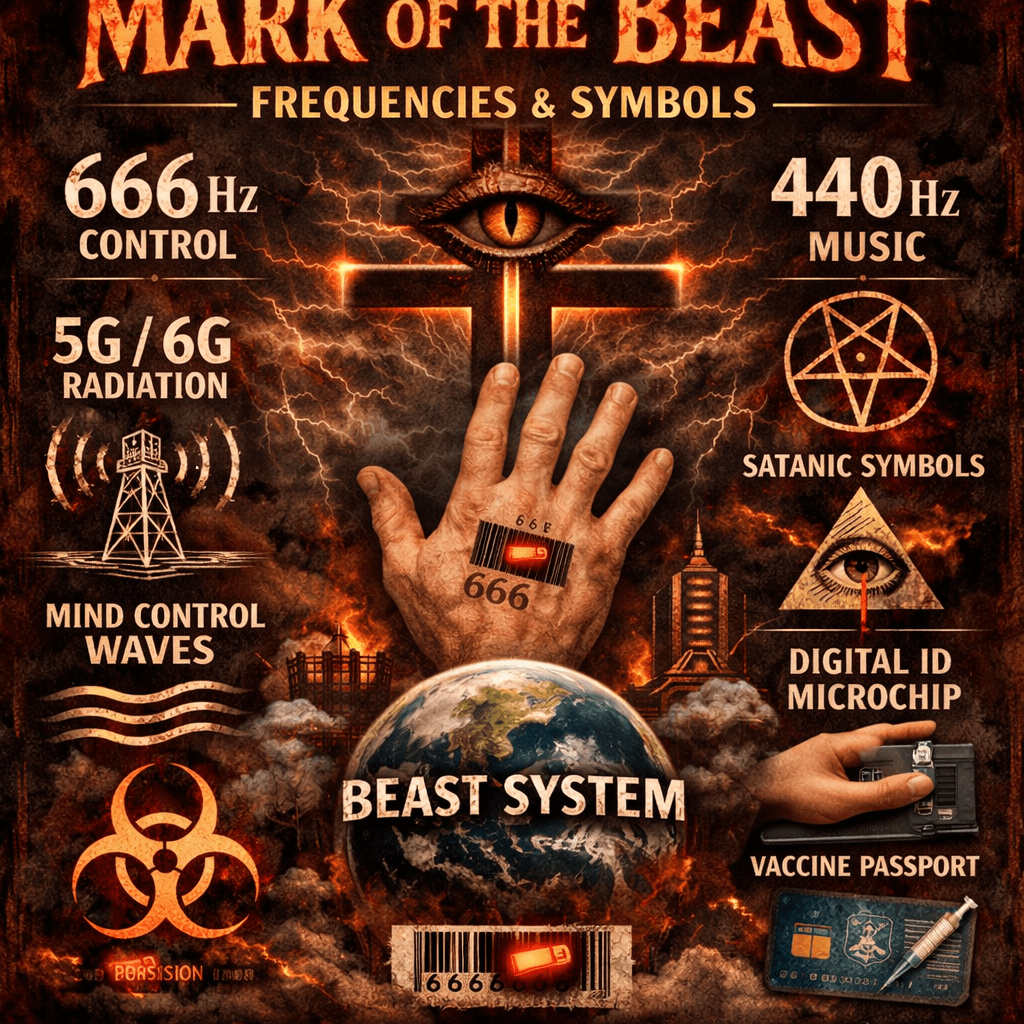 Hand with barcode and 666, eye symbol, earth labeled 'Beast System', icons for frequencies, radiation, vaccine passport, and satanic symbols