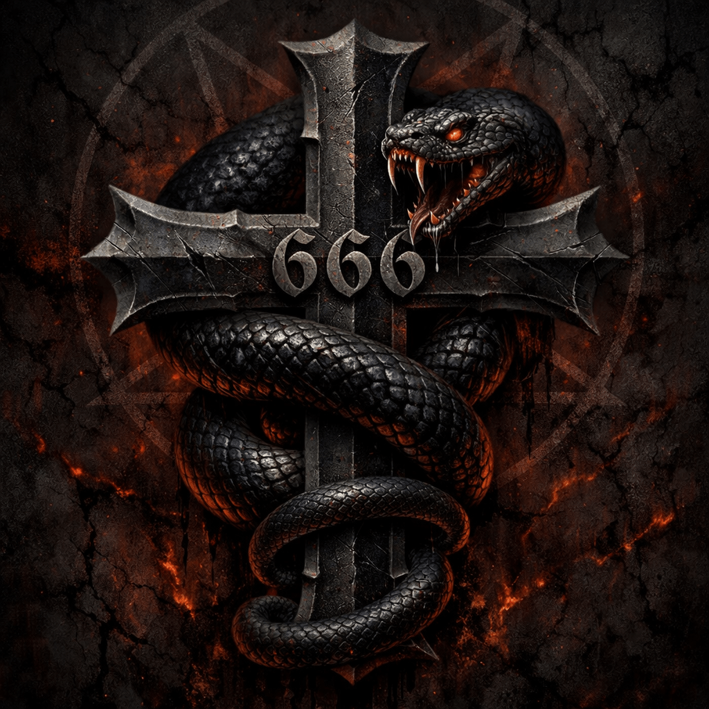 Inverted cross with ram horns, chains, number 666, and flames