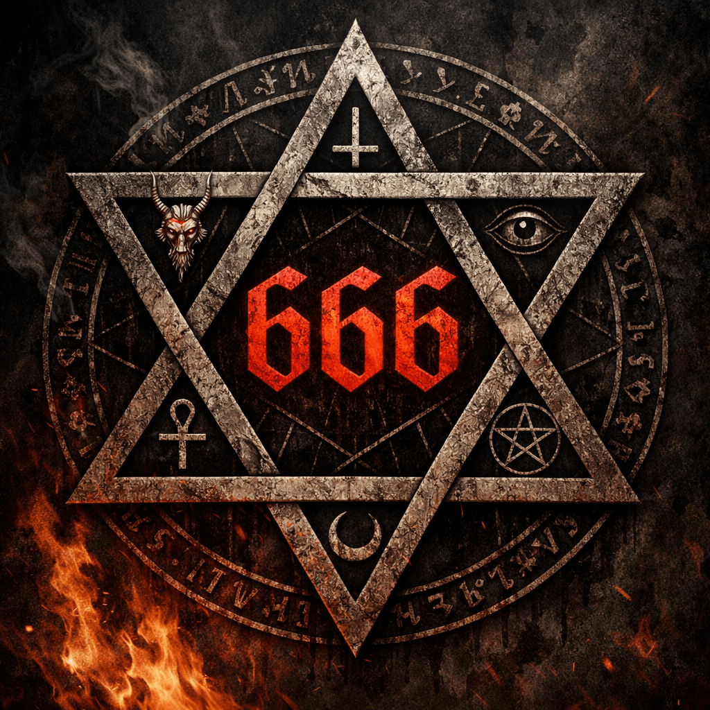 Six-pointed star with number 666 and occult symbols including goat head, inverted cross, eye, ankh, pentagram, crescent moon