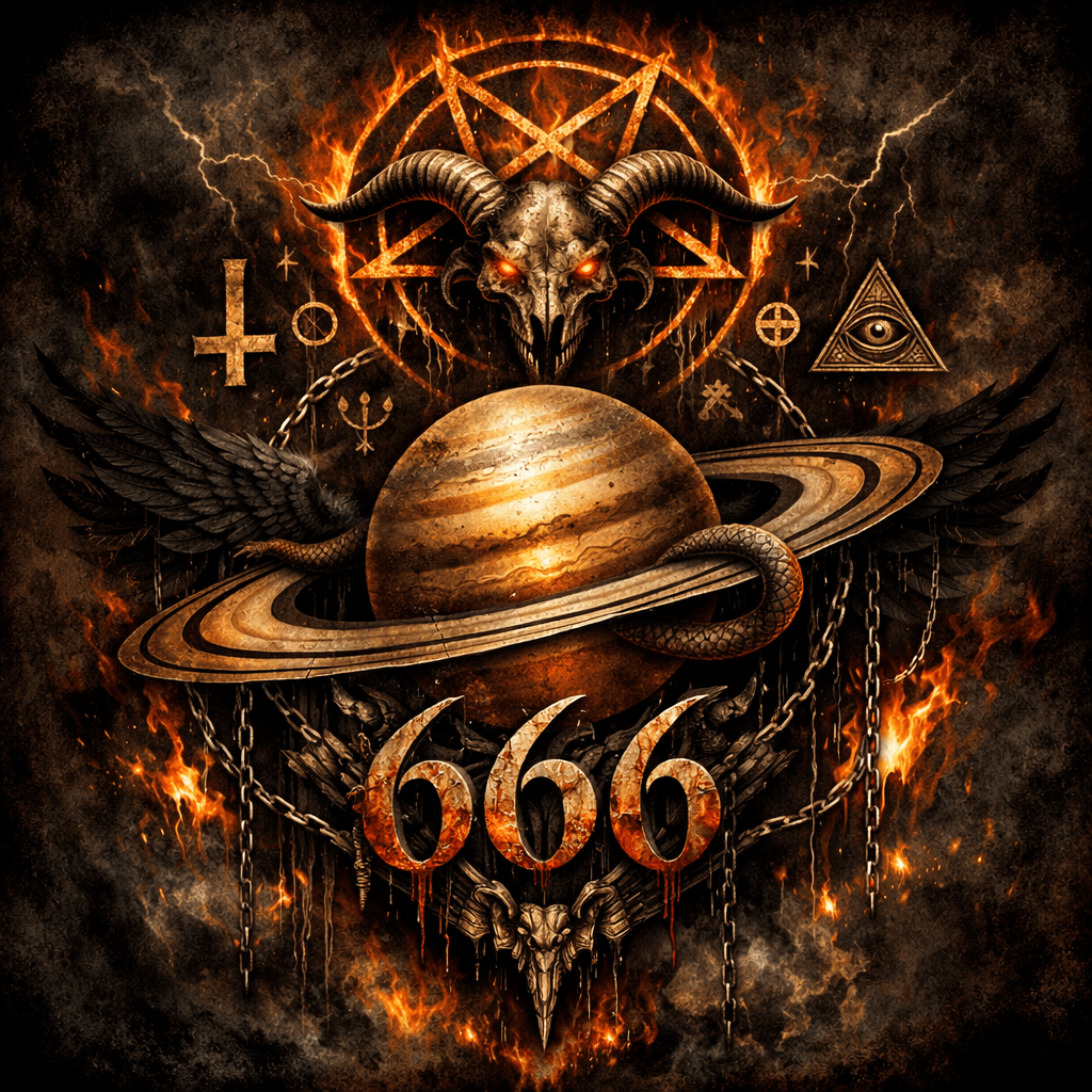 Goat skull with glowing red eyes above a ringed planet, surrounded by mystical symbols and flames