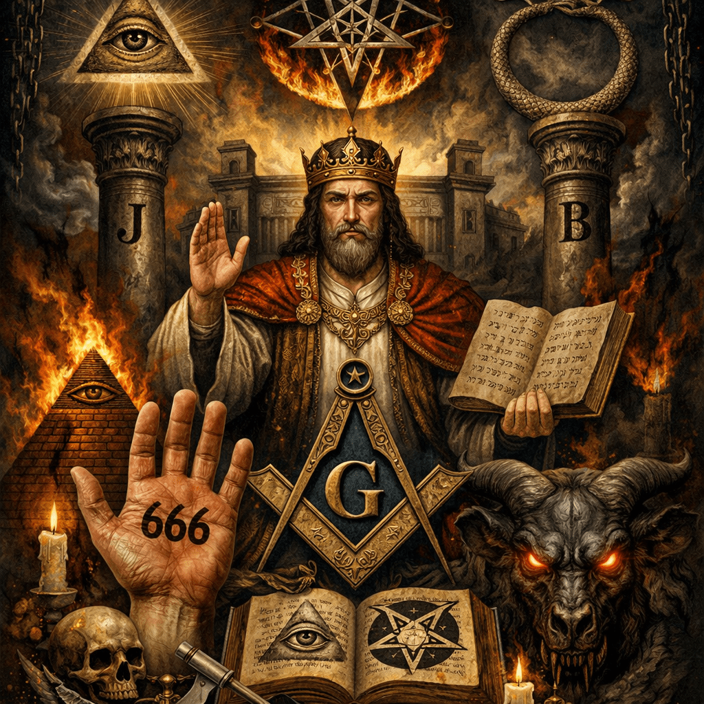 A crowned man holding an open book with Hebrew text, a raised hand with 666, Masonic symbols, pillars marked J and B, burning candles, skull, and a demonic figure with glowing red eyes