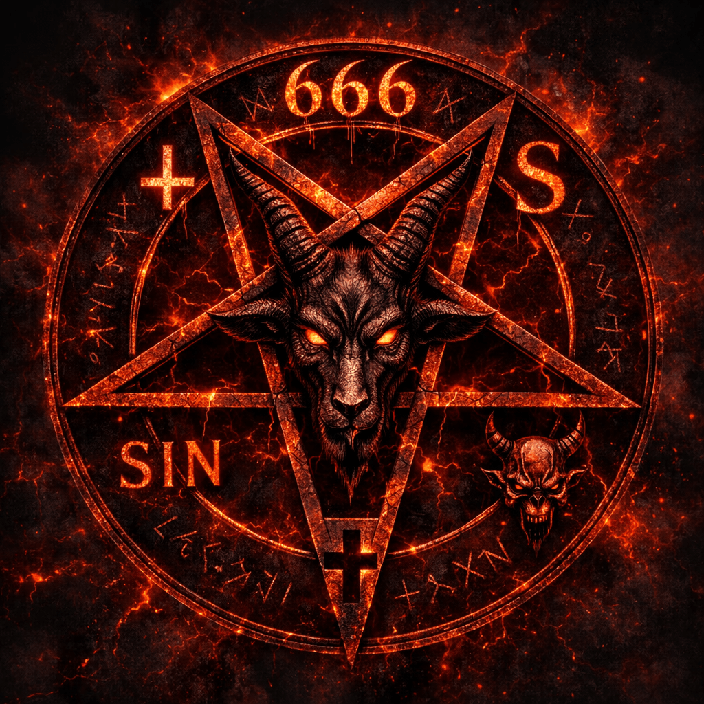 Red pentagram with glowing goat head, number 666, and demonic symbols on dark background