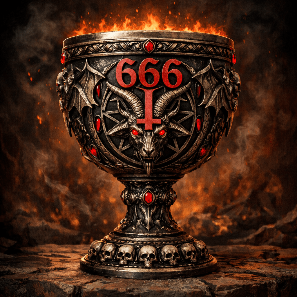 Chalice featuring demonic goat head with glowing red eyes, number 666, skulls around base, and flames behind