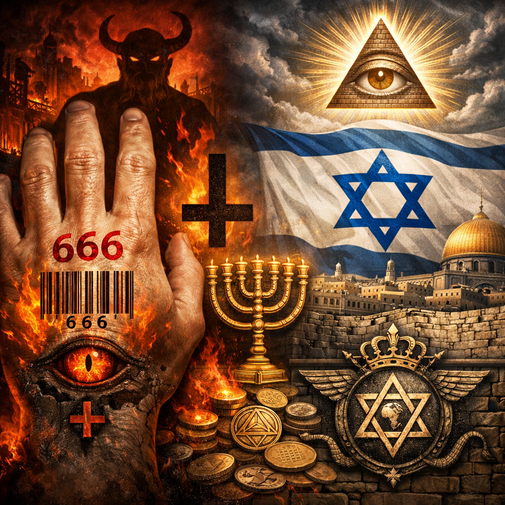 Left hand with 666 barcode and fiery demonic eye contrasted with Menorah, Star of David, and Israeli flag