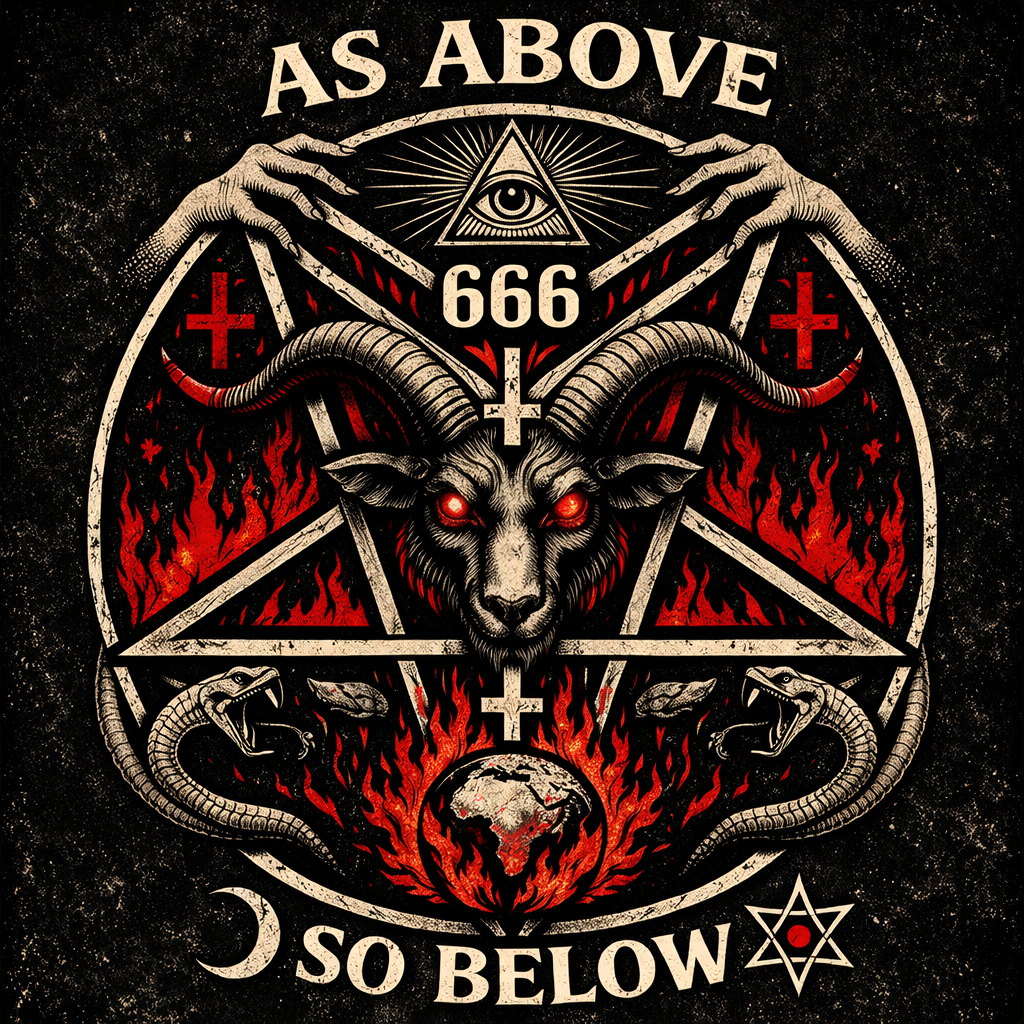 Goat head with glowing eyes and inverted crosses, flanked by snakes and flaming Earth inside a pentagram