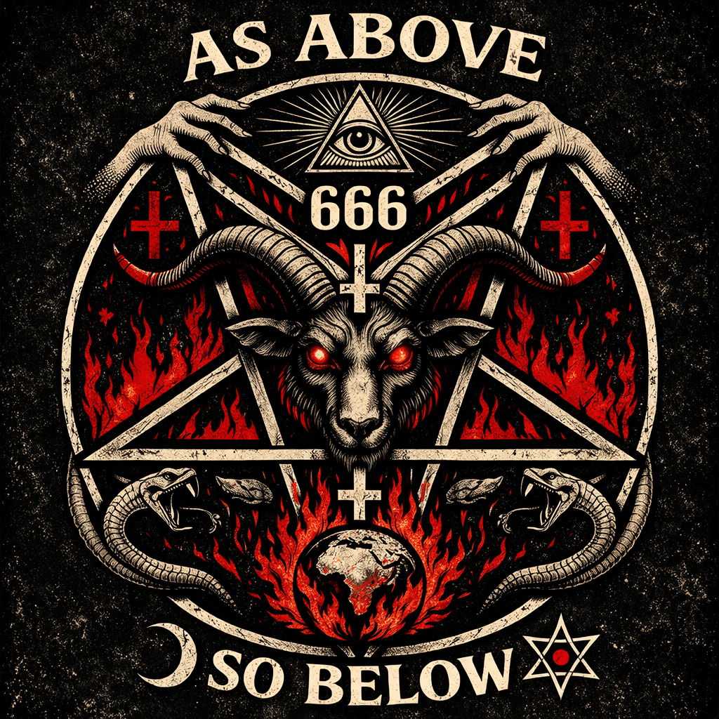 Goat head with glowing eyes and inverted crosses, flanked by snakes and flaming Earth inside a pentagram