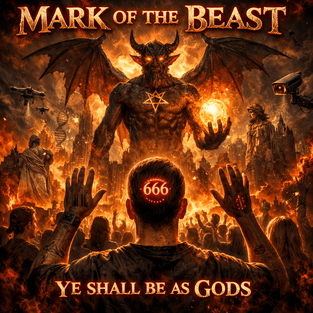 Demonic figure with pentagram and fiery orb overseeing a crowd with 666 marks