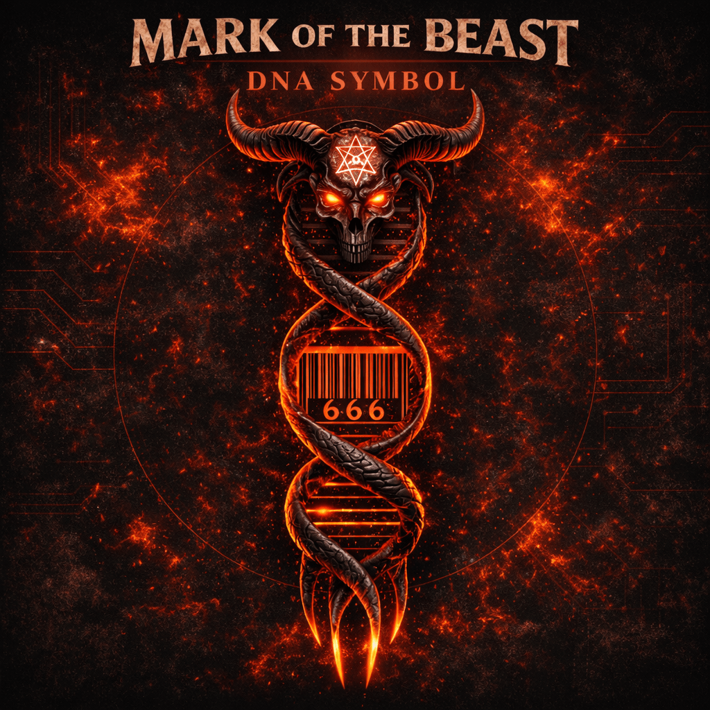 Demonic DNA symbol with horns, pentagram, serpents, and glowing 666 numerals