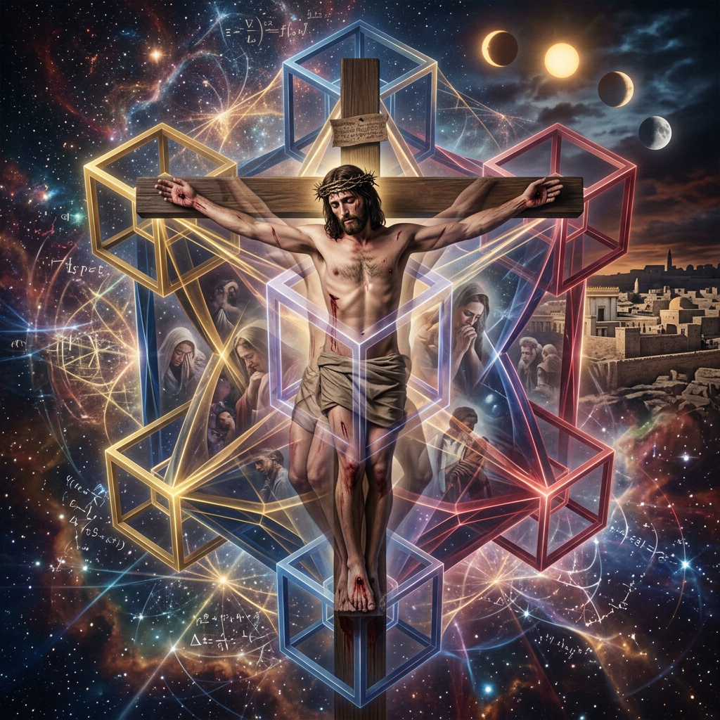 Jesus crucified with glowing geometric stars and grieving people in cosmic background
