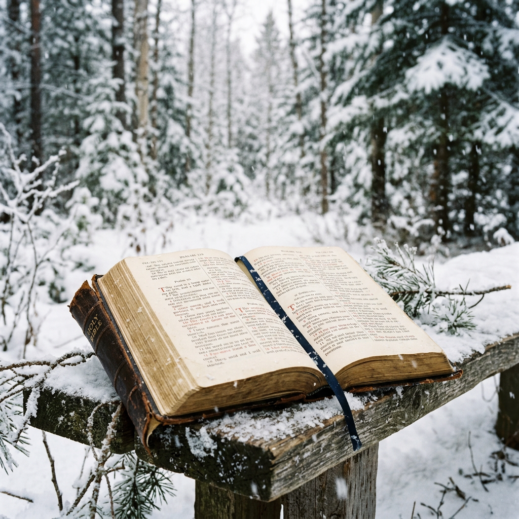 Open Bible on a snowy wooden bench with a forest background