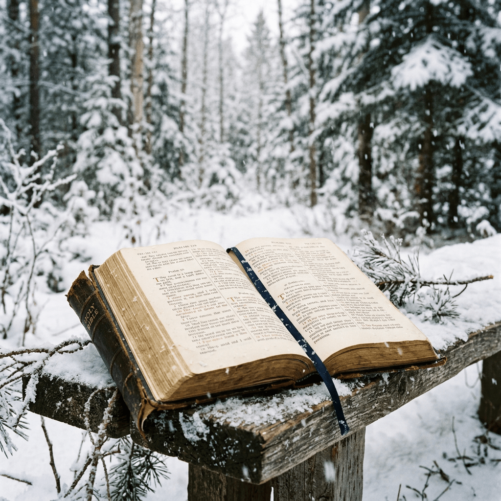 Open Bible on a snowy wooden bench with a forest background