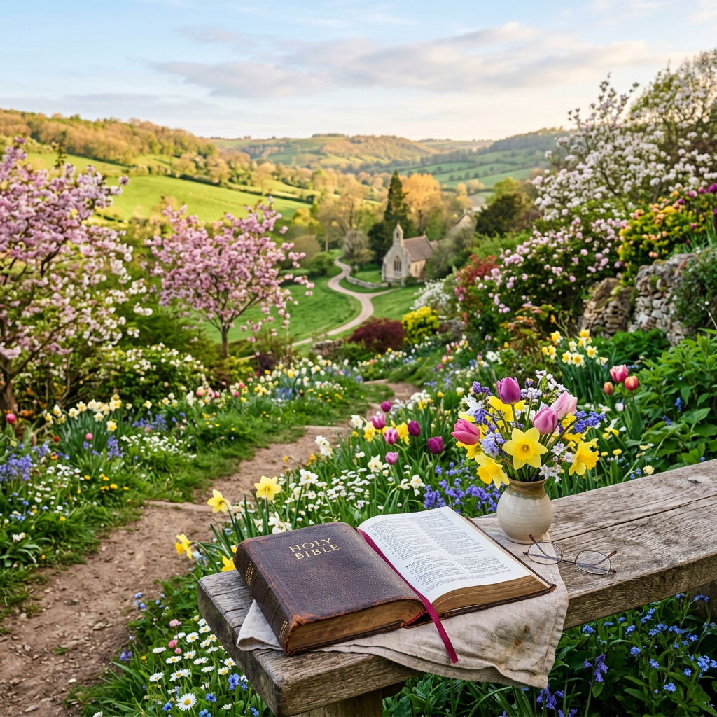 Open Bible on wooden bench with colorful spring flowers and countryside church in background