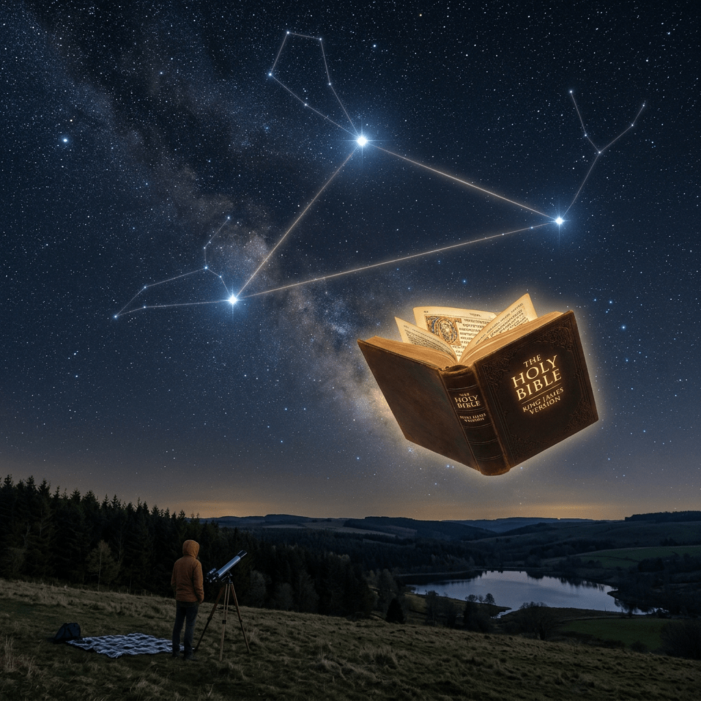 Person using telescope under night sky with constellation shaped like an open Holy Bible