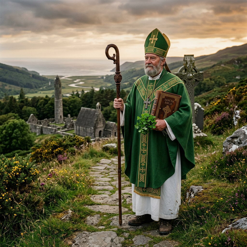 Bishop wearing green liturgical vestments holding a ornate Bible and shamrocks in ancient Irish ruins