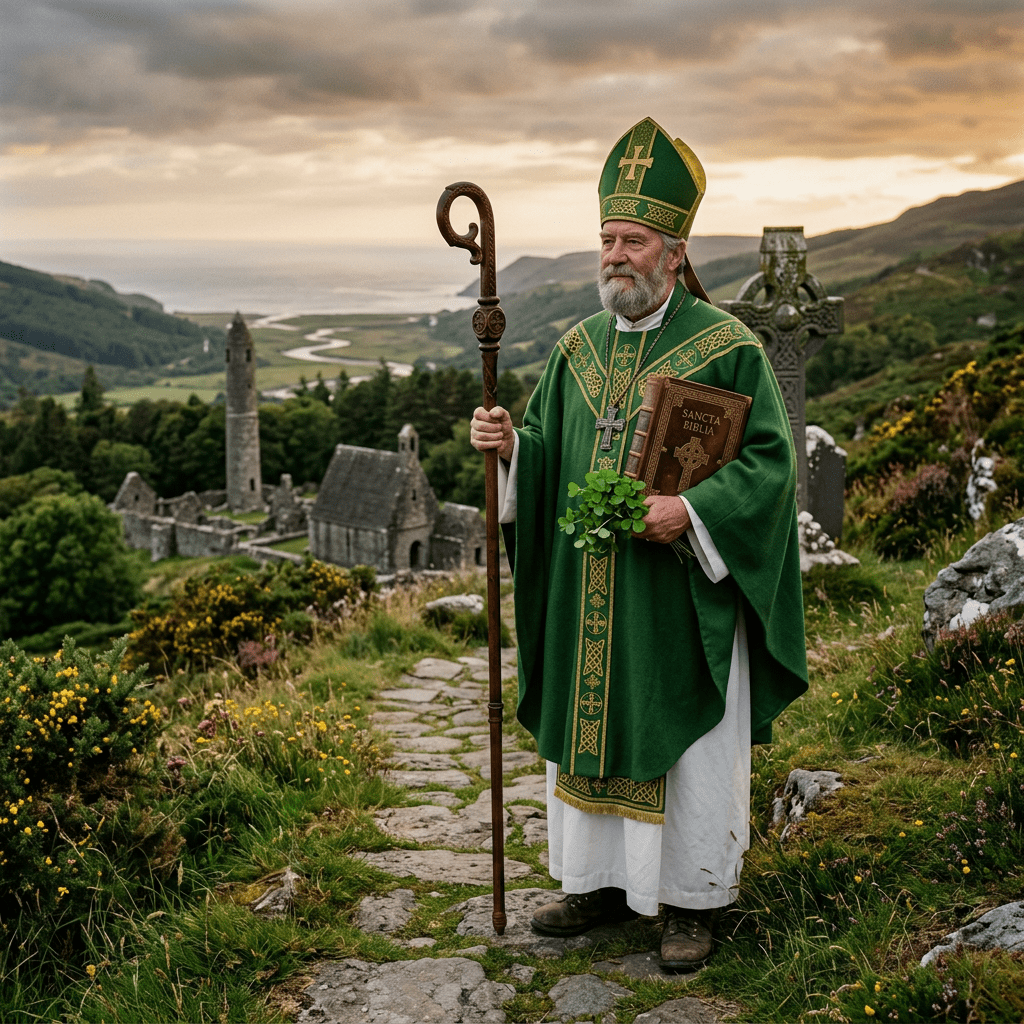 Bishop wearing green liturgical vestments holding a ornate Bible and shamrocks in ancient Irish ruins