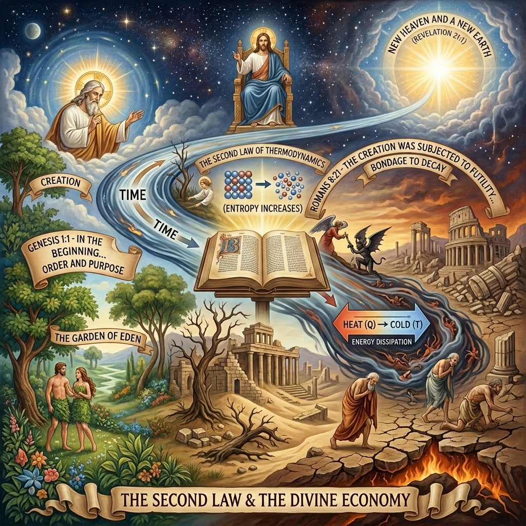 Illustration of the Second Law of Thermodynamics with biblical creation, decay, and divine themes