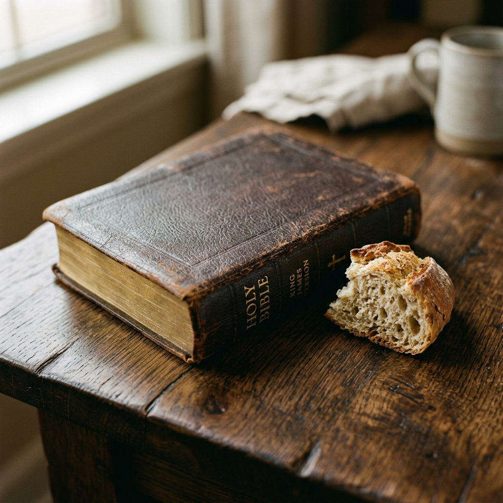 Worn King James Version Holy Bible and torn bread on wooden table