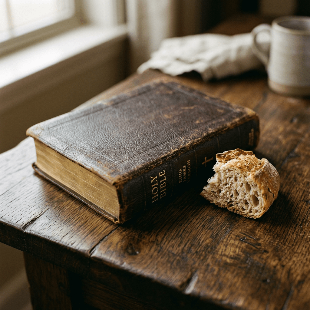 Worn King James Version Holy Bible and torn bread on wooden table