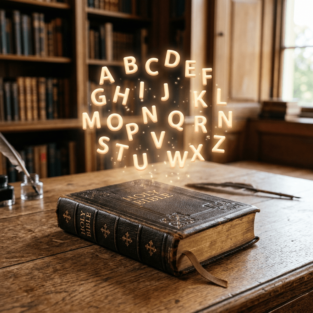 Holy Bible on a wooden table with glowing alphabet letters above it