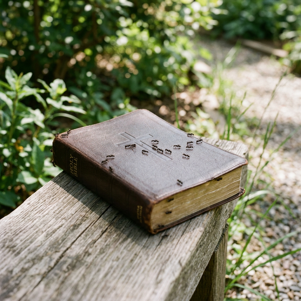 Worn Holy Bible on wooden bench outdoors with ants crawling on cover and pages