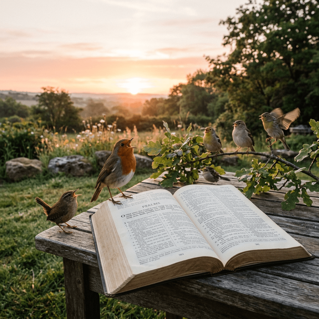 Open Bible on wooden table with birds perched and singing at sunset outdoors