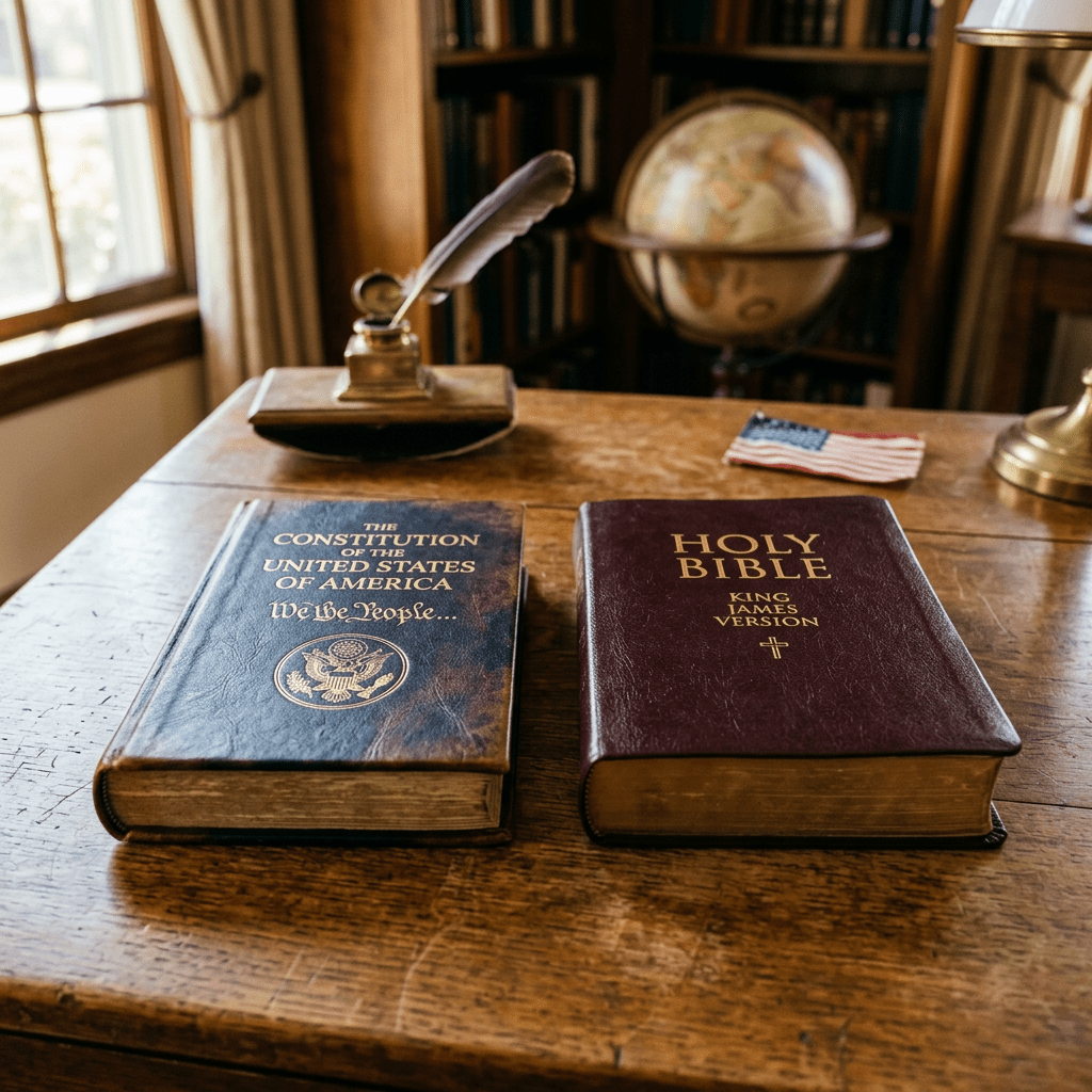Closed books titled 'The Constitution of the United States of America' and 'Holy Bible King James Version' on a wooden desk.