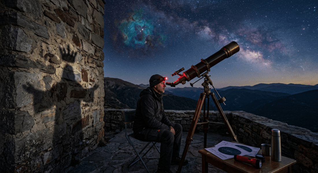 Man looking through a telescope at night with open books and a lantern on a wooden table