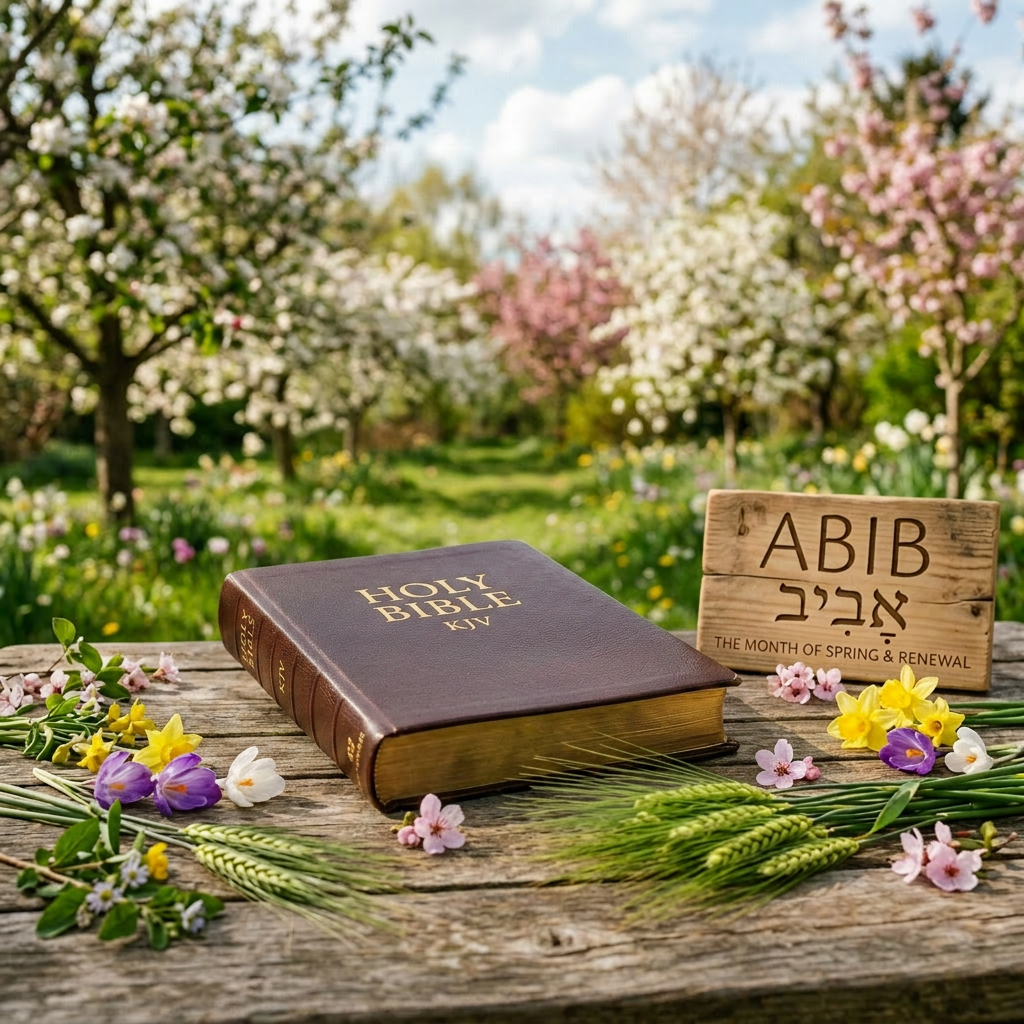 Open Holy Bible on wooden table with spring flowers and Abib sign
