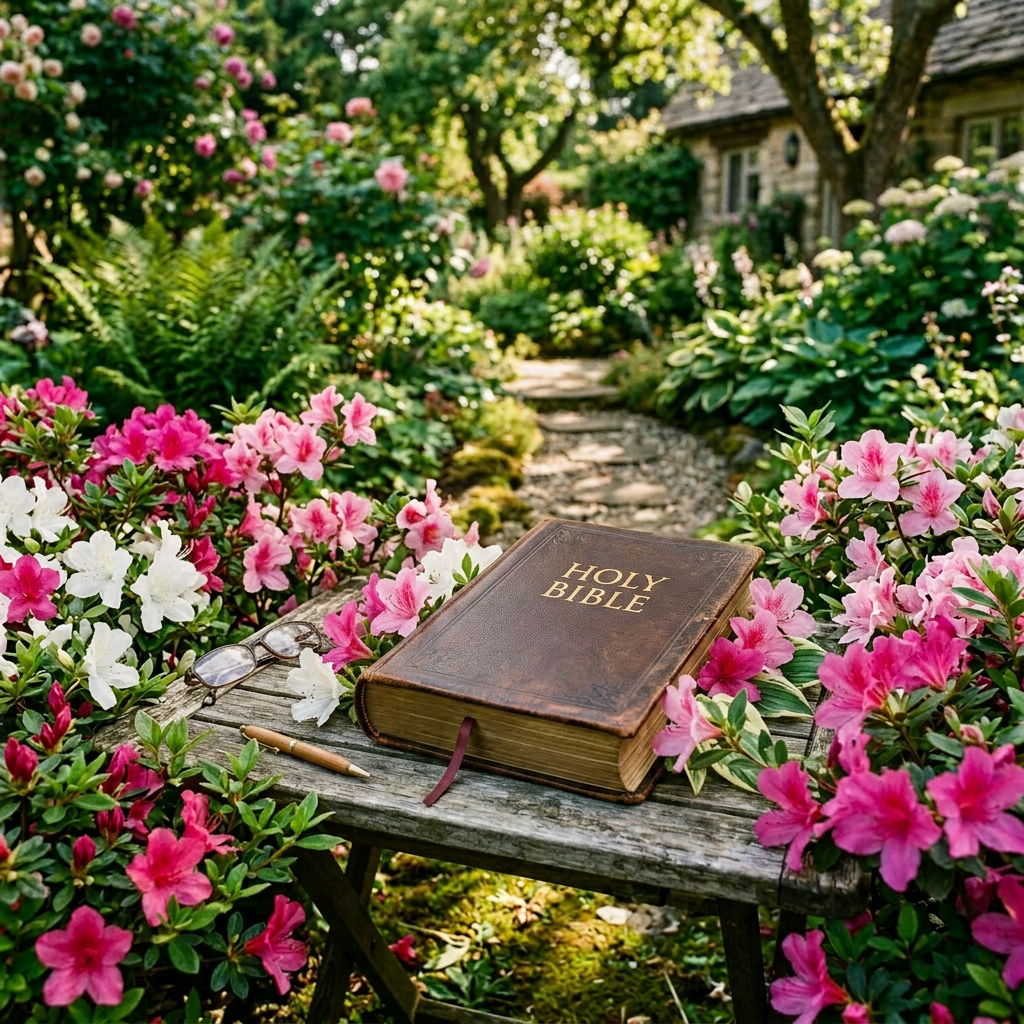 Open Bible on a bench surrounded by pink and white flowers in a sunny garden