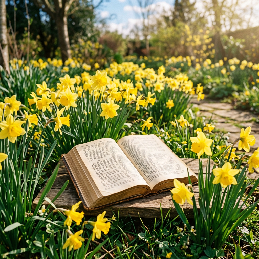Open book on wooden board among blooming yellow daffodils in a garden